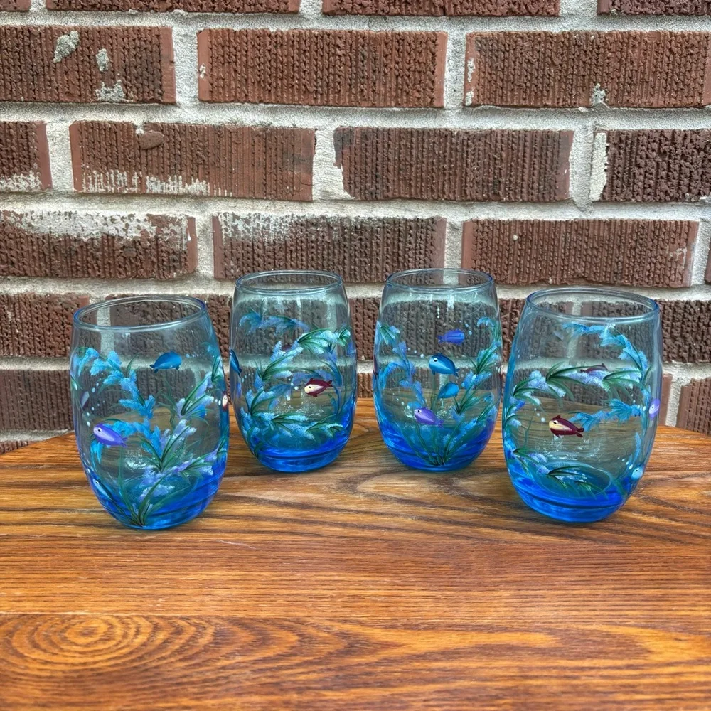 Hand-painted stemless wine water blue glasses with marine design Set of 4